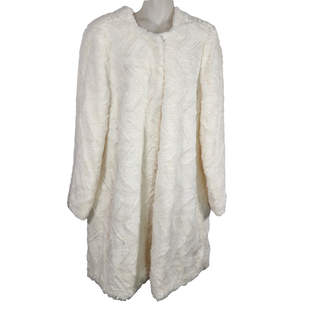 Fever Womens Faux Fur Long Jacket Size L Ivory Mob Wife Quiet Luxury Feminine